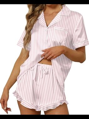 Sapjon Pink & White Striped Satin Pajama Set Size Large